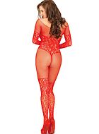 Elegant bodystocking, open crotch, floral lace, long sleeves